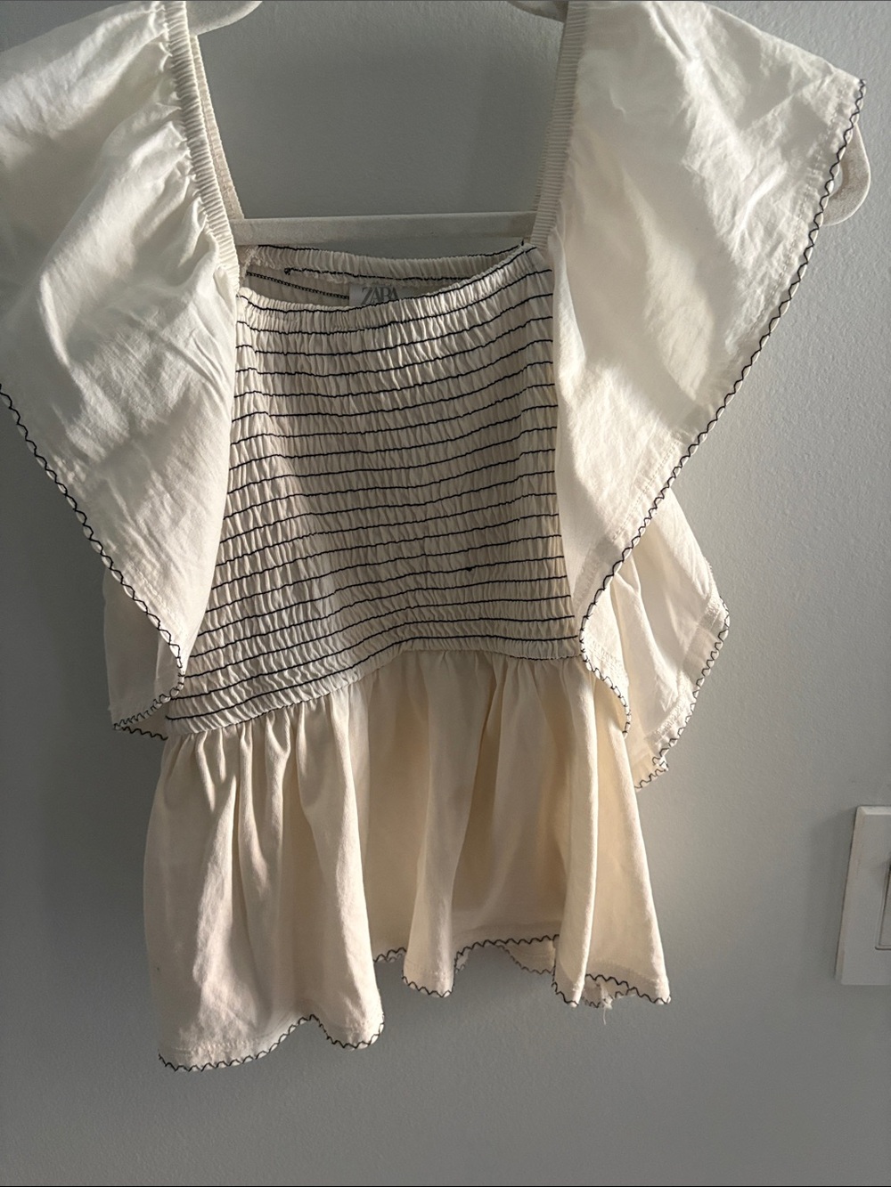 Zara Cream Smocked Square-Neck Peplum Camisole with Contrast Stitching